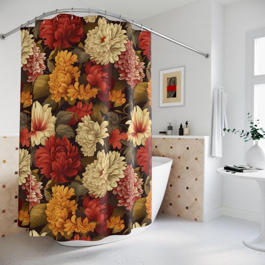 Discover Autumn Floral Shower Curtain, Vintage Chic Bathroom Decor, Fall Themed bathroom, Boho Shower Curtain, Large Floral Shower Curtain