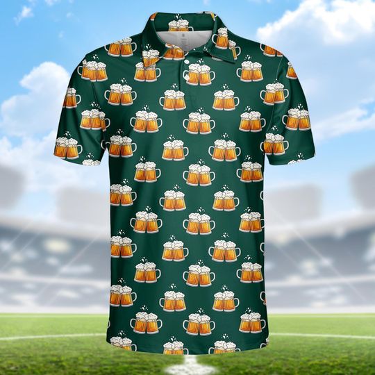 Discover Funny Beer Golf Polo Shirt, Cool Beer Mug with Golf Club Print, Summer Party Shirt