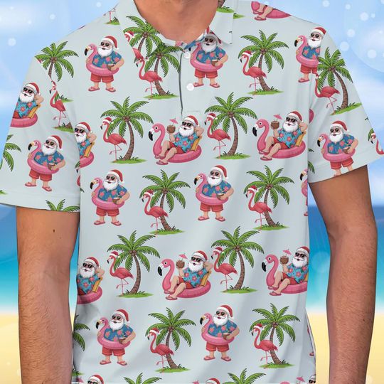 Discover Christmas In July Santa Flamingo Polo Shirt, Funny Summer Santa Beach Polo