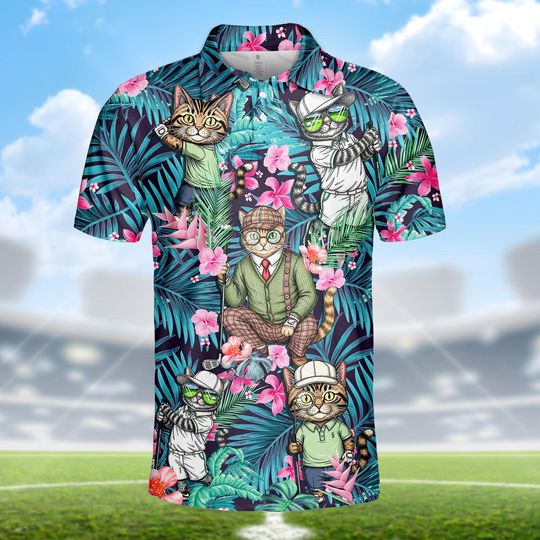 Discover Funny Cat Golf Polo Shirt, Tropical Hibiscus Golfing Cat Shirt, Cute Feline Golfer Gift