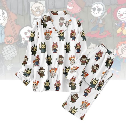 Discover Labubu Thick Pajamas, Horror Character Pajamas, Button Up Sleepwear, Cozy Outfit