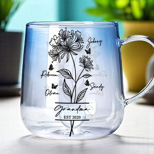 Discover Personalized Grandma Birth Month Flowers Gradient Glass Mug, Custom Birth Flower Gift