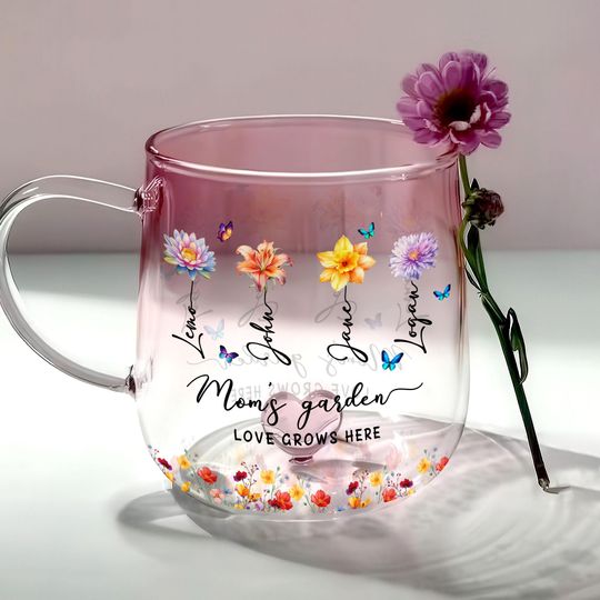 Discover Personalized Mom/Grandma's Garden Birth Month Flowers Gradient Glass Mug, Grandkids Name, Mother's Day Gift, Birthday Mom Gift, Grandma gift