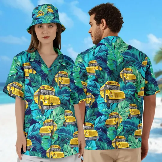 Discover School Bus Tropical Leaves Back To School Gift for Bus Lover Hawaiian Shirt