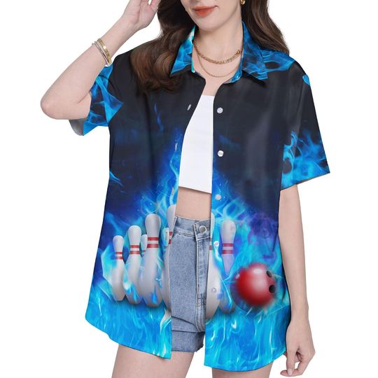 Discover Retro Flame Bowling Hawaiian Shirt, Short Sleeve 80s Hawaiian Top