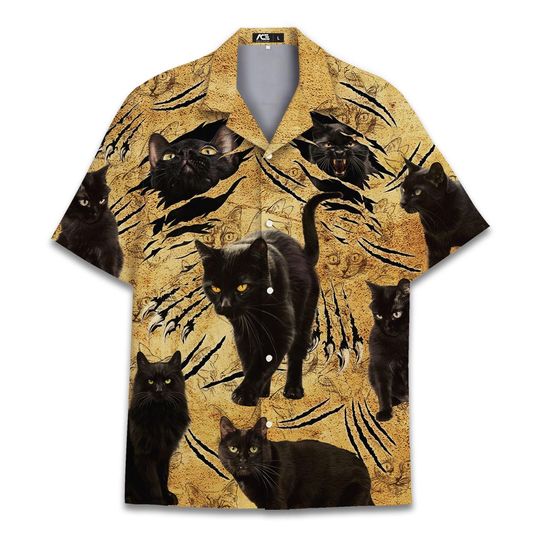 Discover Retro Cool Black Cat Hawaiian Shirt For Men Western Pirate Cat Lovers Mens Hawaiian Shirts Short Sleeve Button Down Shirt Men