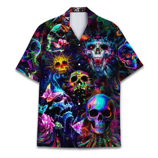 Discover Retro Halloween Skull Hawaiian Shirt For Men Vintage Neon Skull Mens Hawaiian Shirts Short Sleeve Button Down Shirt Men
