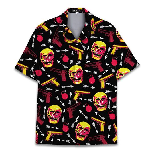 Discover Retro Gun Skull Hawaiian Shirt For Men Skull Shirt Men Vintage Mens Hawaiian Shirts Short Sleeve Button Down Shirt Men