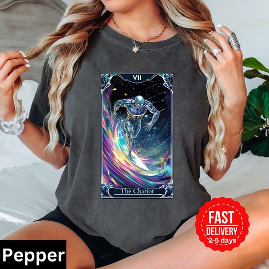 Discover Silver Surfer The Chariot Tarot Card Shirt ,Fantastic Four shirt, Marvel Comfort Colors shirt ,Adult Unisex T Shirt ,Tarot Card Number 7