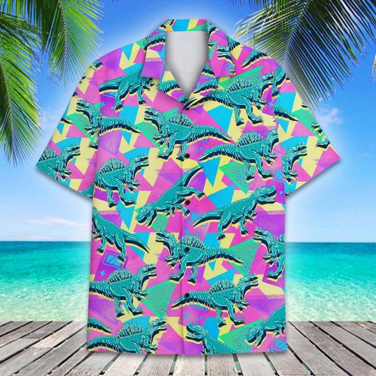 Discover Retro Dinosaur Hawaiian Shirt, Neon 80s Vaporwave Dino Shirt with Bright Geometric