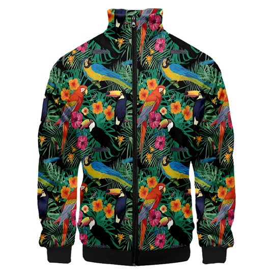 Discover Parrot Pattern Zipper Jacket 3D Printed Birds Stand Collar Raglan Jacket