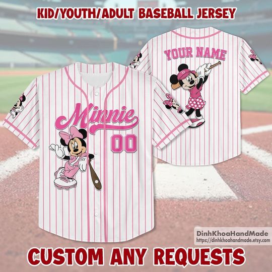 Discover Personalized Minniee Pink Baseball Jersey Mickeyy Friends Shirt Family Matching Outfit for Summer Birthday Trip