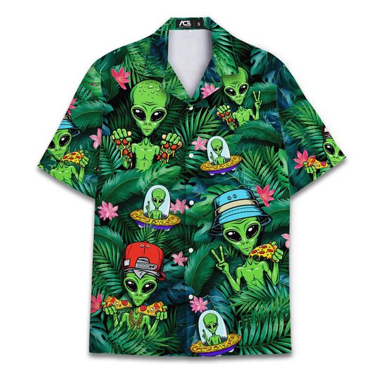 Discover Funny Tropical Pizza Alien Hawaiian Shirt For Men Aloha Aliens UFO Mens Hawaiian Shirts Short Sleeve Button Down Shirt Men