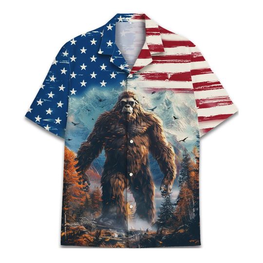 Discover American Bigfoot Hawaiian Shirt For Men USA Big Foot Sasquatch Mens Hawaiian Shirts Short Sleeve Button Down Shirt Men