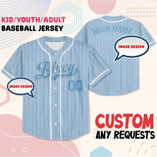 Discover Custom BlueyDad & Bingo Baseball Jersey  Personalized Blue Dog Family Shirt, Disneyyy-Inspired Matching Outfit for Kids and Adults
