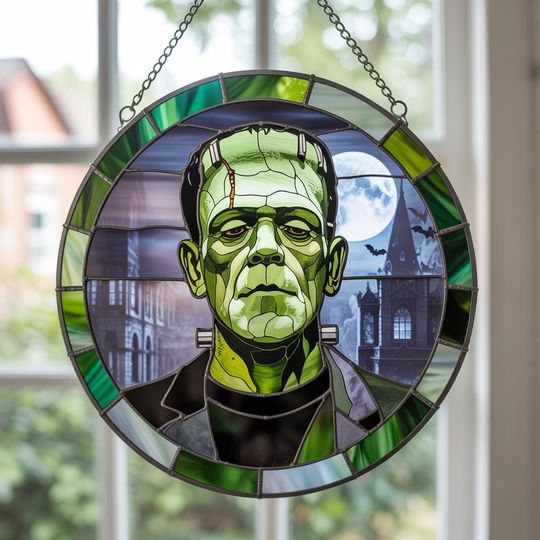 Discover Frankenstein Stained Glass Suncatcher, Classic Monster Halloween Window Hanging