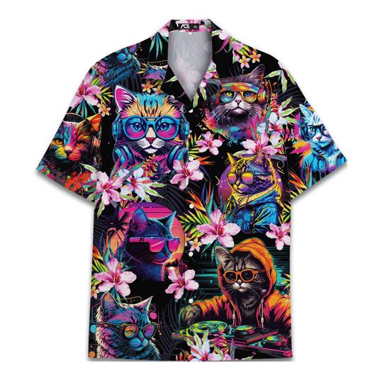 Discover 80s 90s Vintage Cat Vaporwave Retro Hip-hop Hawaiian Shirt Cat Button Down Short Sleeve Casual Shirt