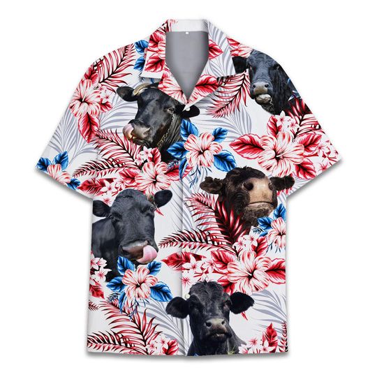 Discover Flower Black Angus Hawaiian Shirts for Men Tropical Cow Casual Mens Hawaiian Shirts Short Sleeve Button Down Shirt Men