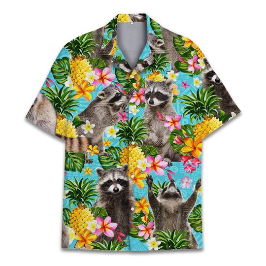 Discover Pineapple Racoon Hawaiian Shirts for Men, Racoon Short Sleeve Button Down Shirt