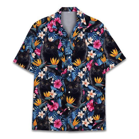 Discover Tropical Black Cat Hawaiian Shirts for Men Women, Funny Black Cat Short Sleeve Button Down Shirt S4