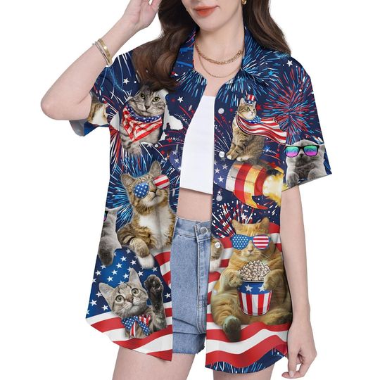 Discover Funny American Cat Hawaiian Shirts For Women Womens Hawaiian Shirt For Women Hawaiian Shirts Short Sleeve Button Down Shirt