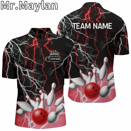 Discover 3D Bowling Zip Polo Shirt, Custom Bowling Red Lightning Thunder Polo