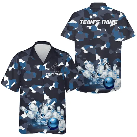 Discover Blue Camo Hawaiian Bowling Shirt For Men Women, Custom Team Name Bowlers Jersey