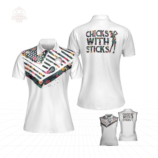 Discover Chick With Sticks Pattern Tropical Sleeveless, Short Sleeve Polo Shirt For Women