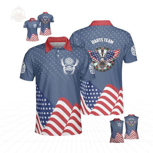 Discover Custom Name, Team Darts Patriotic Eagle Waving Flag Sleeveless, Short Sleeve Polo Shirt For Men And Women | Personalized Darts