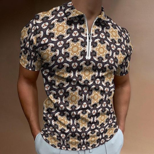 Discover Mini Beige Wheel Clover - Men's Short Sleeve Zip Polo - beige black white gray brown mini clover geometric pattern - men's beige zip polo