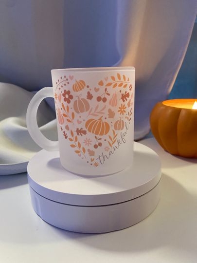 Discover Pumpkins and hearts autumn frosted glass mug 11 ounce fall cosy season