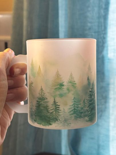 Discover Green Misty Trees frosted glass coffee tea mug cup 11 oz