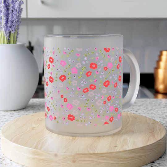 Discover Frosted Glass Colorful Floral Coffee Mug, 11oz Coffee Cup with Wild Flowers, Gift for Favorite Teacher, Coffee Lover, Floral Print, Ditsy