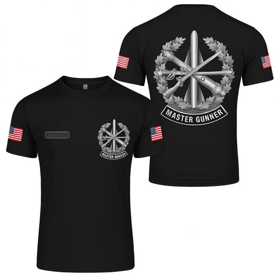 Discover Custom US Army Master Gunner T-Shirt  Personalized Name Patch & Expert Gunnery Badge Graphic