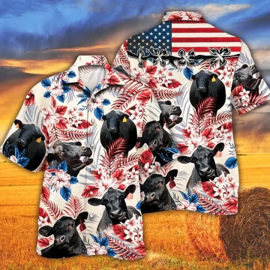 Discover Black Angus Cattle Lovers American Flag Hawaiian Shirt Cow Hawaiian Shirt