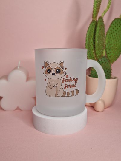Discover Feeling Feral Cute Raccoon Frosted Glass Mugs Printed Cute & Quirky Mugs | Sustainable Gifts Tea Coffee Lover | Gift Ideas | Gifts for Her