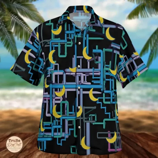 Discover Retro Geometric Moon Print Hawaiian Shirt Pipe Pattern Funky Aloha Beach Top
