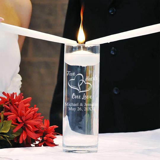 Discover Personalized Floating Unity Candle Ceremony Vase:  Two Hearts One Love... Add Your Names, Date and Font Style