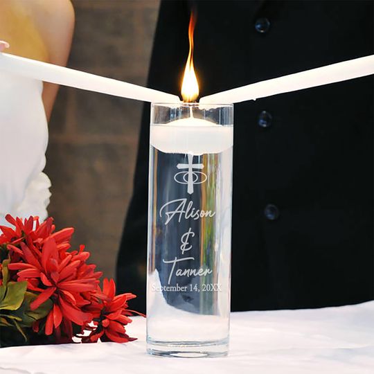 Discover Personalized Floating Unity Candle Ceremony Vase: Classic Cross Design.  Add Your Names, Date and Font Style