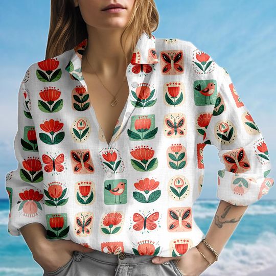Discover Folk Tulip Butterfly Blouse Shirt, Red Green Floral Bird Women Shirt, Scandinavian Boho Casual Shirt, Cottagecore Shirt, Gift For Her