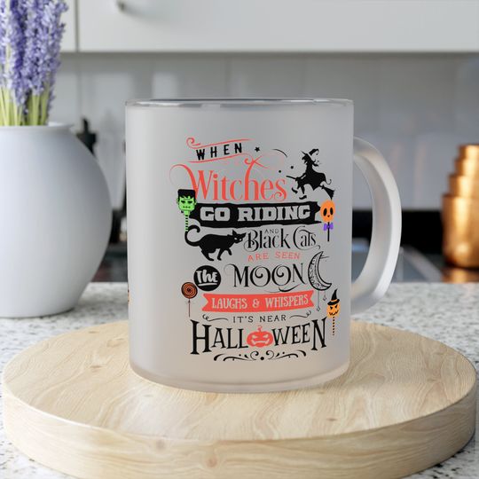 Discover Halloween Frosted Glass Mug - Witch, Cat & Pumpkin Design