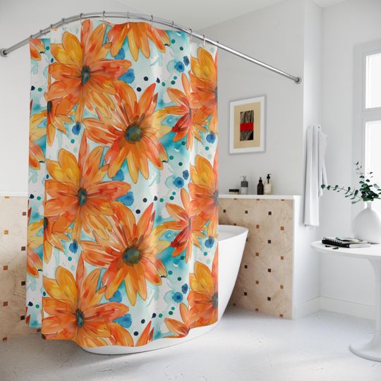 Discover Orange Flowers Shower Curtains, Daisy Bathroom Decor, Colorful Floral Bath Curtain, Home Decoration