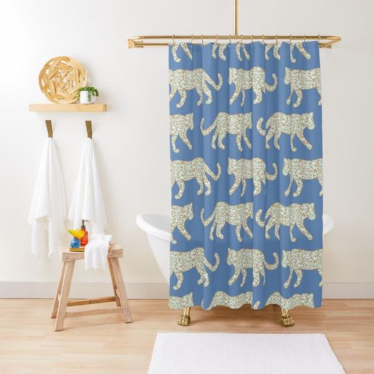 Discover Shower Curtain, Leopard Parade, Mint on Denim Blue, Animal Print Bath Curtain, Safari Wildlife Home, Jungle Cats Bathroom Decor