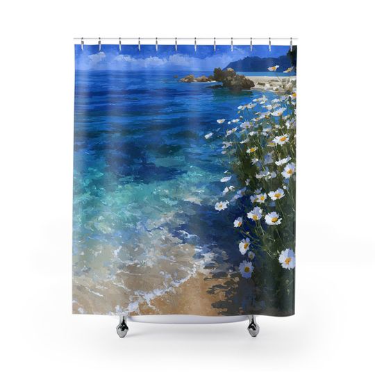 Discover Shower Curtain - Daisies Beach Life, Coastal or Lake Bath Decor, Sandy Shore Retreat Art, Summer Bathroom Decor, Beachy Vibe, Daisy Seashore