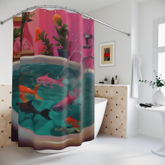 Discover Surreal Fish Shower Curtain, Artistic Bathtub Curtain, Colorful Bathroom Statement Piece, Funny Aquarium Style Decor, Bold Bathroom Curtain