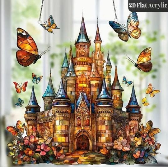 Discover SUNCATCHER- Castle Enchanted Fairy and Butterfly Suncatcher, Fairy Tale Theme Acrylic Window Decoration, 9.7" X 9.8" Hanging Decor