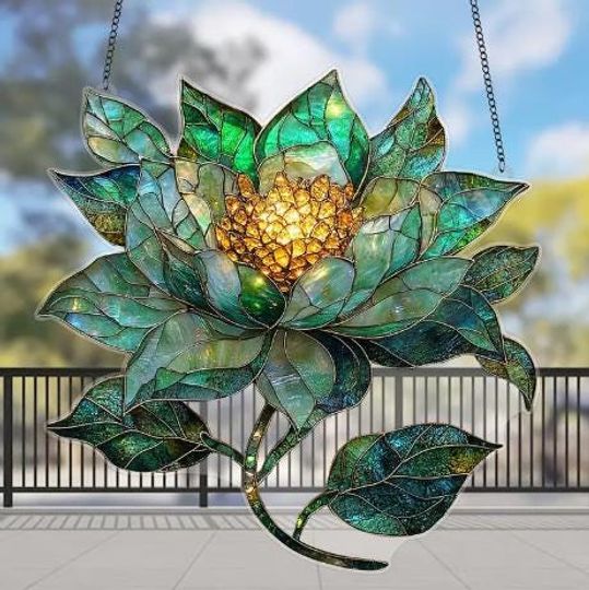 Discover SUNCATCHER-  Green Peony Flower Acrylic Suncatcher 8x8 inches - Hanging Window Decoration for Home, Garden, Patio, Ideal Gift
