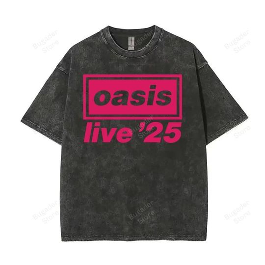 Discover Vintage Oasis Live '25 Shirt  Washed Black Graphic Tee, Bold Pink Print, Rock Band Merch Aesthetic