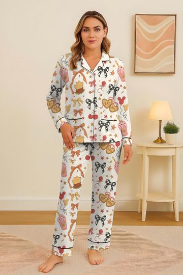 Discover WDW Bear Pajamas Set, Cartoon Character Homewear, Cute Bear Milkshake Bow Sleepwear