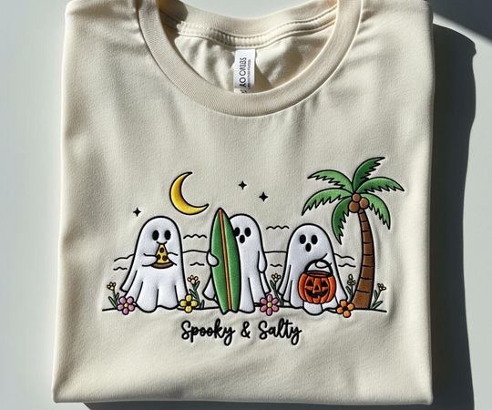 Discover Spooky and Salty Embroidered Ghost Embroidered Shirt, Halloween Beach Sweatshirt